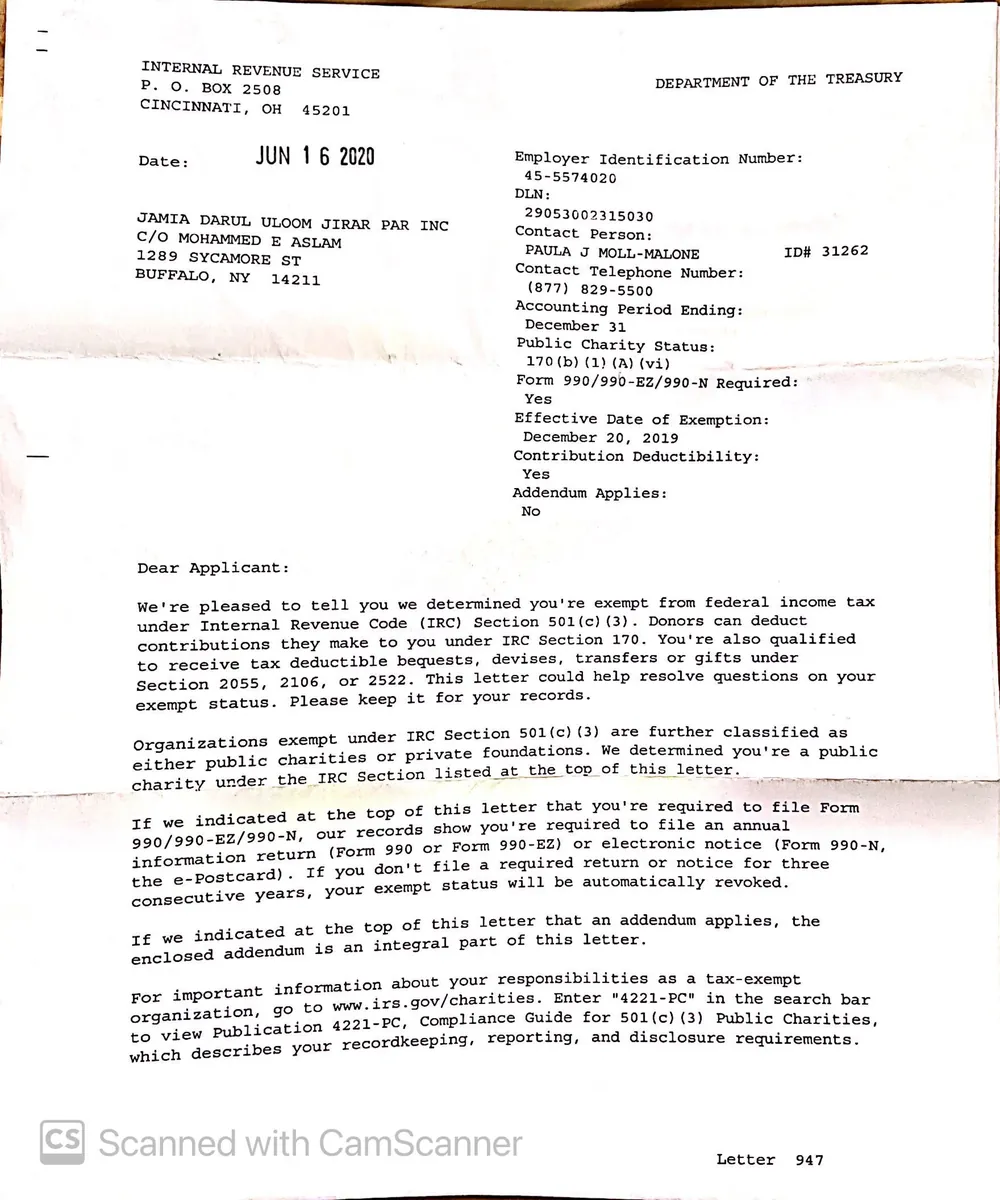 IRS Determination Letter — Jamia Darul Uloom Jirar Par Inc., EIN 45-5574020, dated June 16, 2020